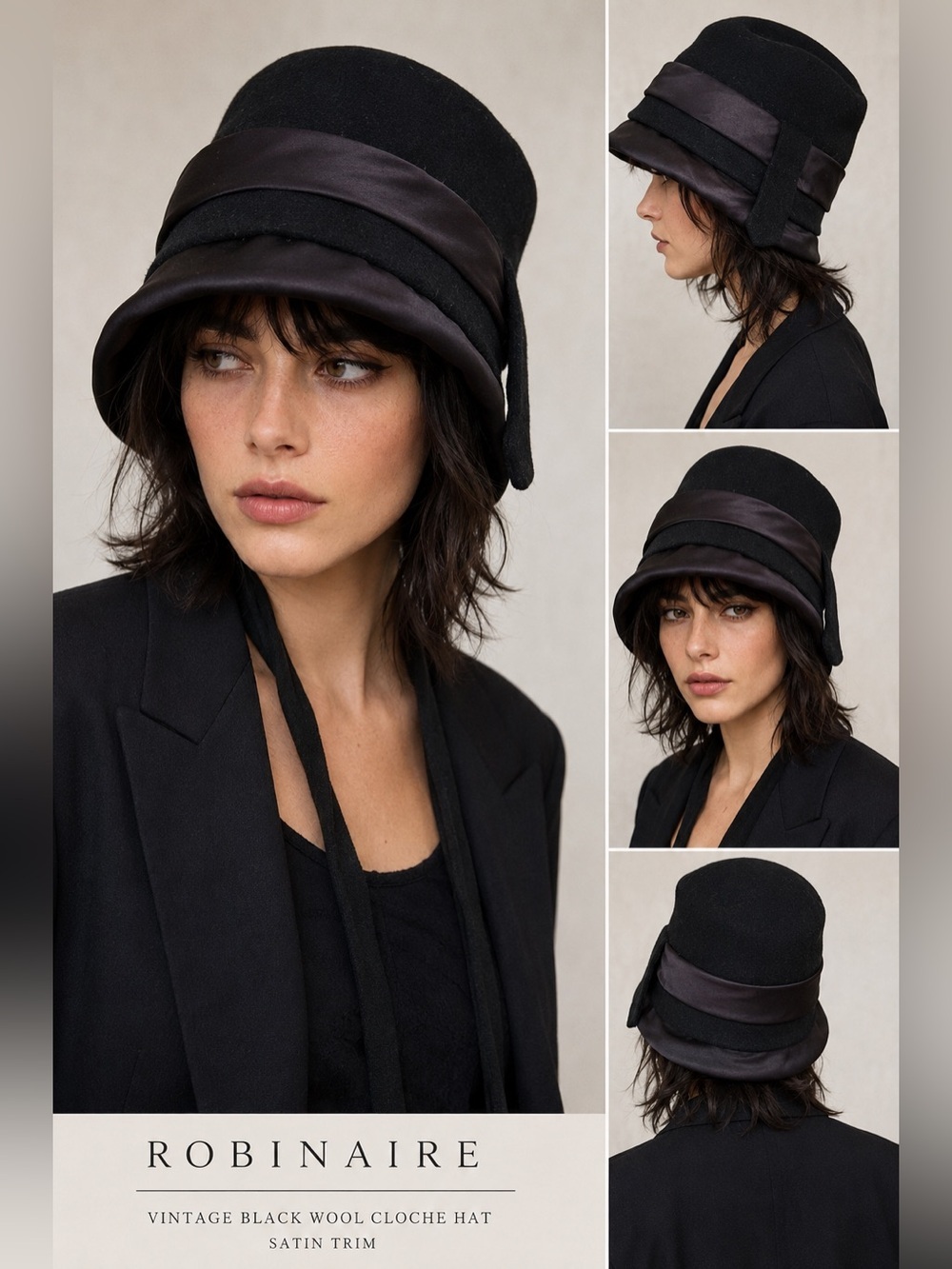 Vintage Black Cloche Hat with Brown Satin Trim by robinaire